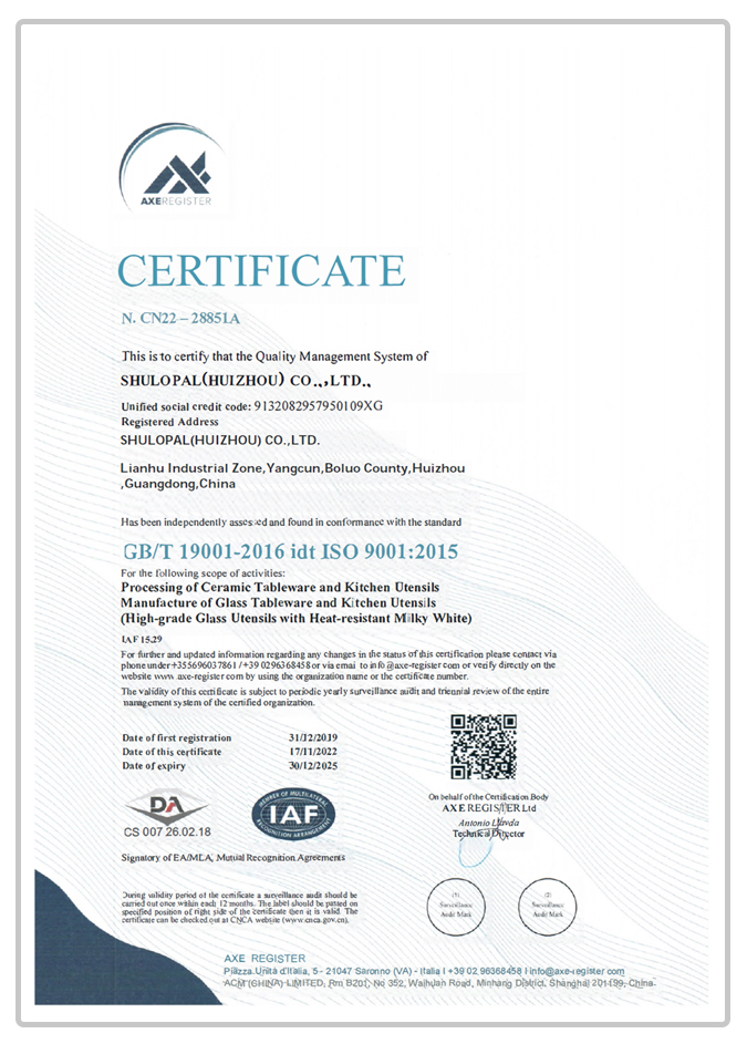 SHULOPAL iso 9001 certificate