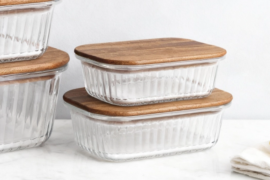 SHULOPAL Ribbed Glass Container with Acacia Wood Lid